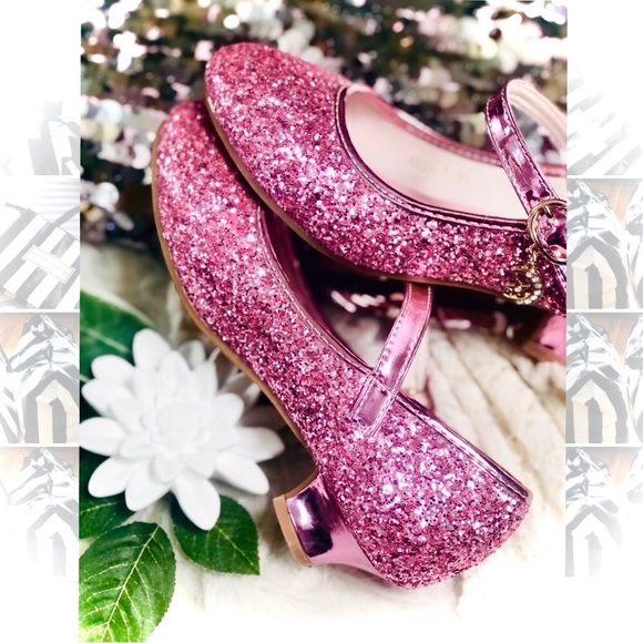HANKAYOU | 34 / 5 | Girls’ Pink Glitter Low Heel Mary Jane Sparkle Shoe - Picture 5 of 13